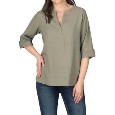 Image of DENIMFY DFSara Linen Blouse Women&#039;s Regular Fit 3/4 Sleeve V Neck Shirt Tunic Tops Top Basic Plain White Beige Green S M L XL XXL, Washed Olive,