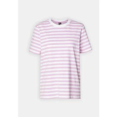 Image of Pieces Pcria TEE Stripes Print Tshirt, Women&#039;s, Size: XS, Pastel lavender/bright white