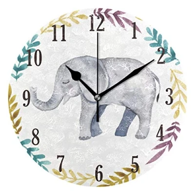 Image of Mnsruu Wall Clock, Round Watercolor Elephant Silent Clock Decorative, Battery Operated Easy to Read for Indoor Living Room Bedroom