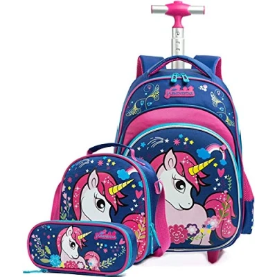 Image of Girls Unicorn Trolley Backpack for Kids,HTgroce Rolling with Wheels School Bags Lightweight Waterproof Travel Suitcase Wheeled Hand Luggage Cabin Approved Bag Case (Blue)
