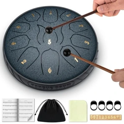 Image of CAHAYA Steel Tongue Drum 6 Inch 11 Tones Percussion Instrument for Kids Comes with Music Book Chopsticks Fingerboard and Hand Bag Meditation Yoga, Navy Blue