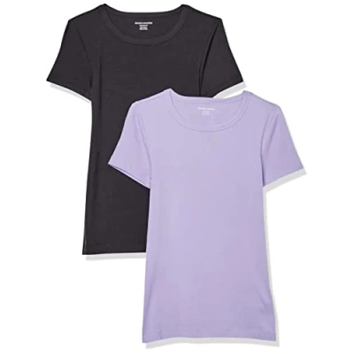 Image of Amazon Essentials Women&#039;s Slim Fit Short Sleeve Crewneck T Shirt, Pack of 2, Black/Lavender, XS