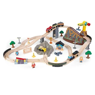 Image of KidKraft Bucket Top Construction Wooden Train Set with Storage Box for Kids, Track Toy Cars Crane and Accessories Included, Toys, 17805