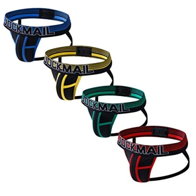 Image of JOCKMAIL 4PCS/PACK Mens Jock Straps Underwear Briefs Pack Mesh Men&#039;s Strap (XL, Red+Blue+Green+Yellow)