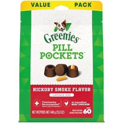 Image of Greenies PILL POCKETS for Dogs Capsule Size Natural Soft Dog Treats, Hickory Smoke Flavor, 15.8 oz. Pack (60 Treats)