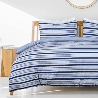 Image of Sleepdown Stripe Seersucker Navy White Reversible Duvet Cover Quilt Pillow Case Bedding Set Soft Easy Care Single (135cm x 200cm)