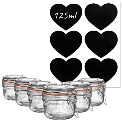 Image of Argon Tableware Glass Storage Jars with Labels Vintage Food Preserving Container Clip Lid 125ml Orange, White, Clear &amp; Black Seals Pack of 6