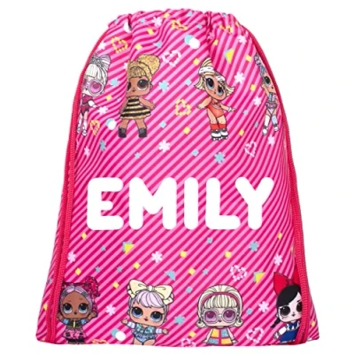 Image of LOL Kids Drawstring Bag Personalised Lightweight Backpack Add Your Name Pink PE 43x35cm Waterproof Customised Gifts