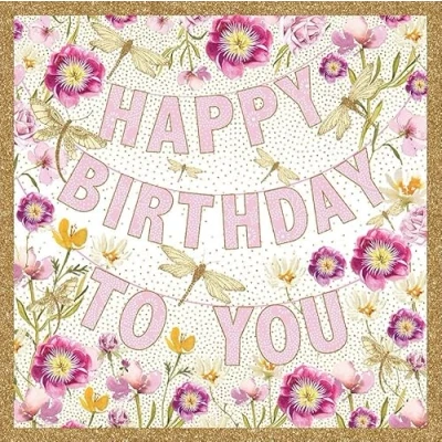 Image of Nigel Quiney Female Birthday Card General for Women Dragonflies, Bunting and Florals with Foil Details Eco Friendly Recyclable