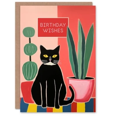 Image of Artery8 Birthday Greeting Card Black Cat Lover Plants Wishes For Him Her