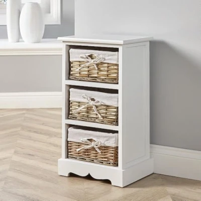 Image of Home Source White Wooden Chest Storage Unit Willow Wicker Baskets Organiser Bedside, Engineered Wood, 3 Drawer