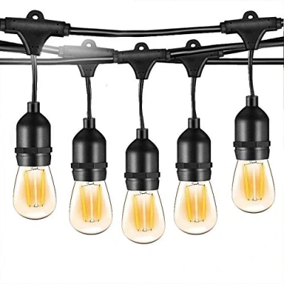 Image of Outdoor String Lights LED, 48FT/14.6M Heavy Duty Commercial Grade IP65 Waterproof Lights,15 E27 Sockets, 15 LED Bulbs (2W Warm White)