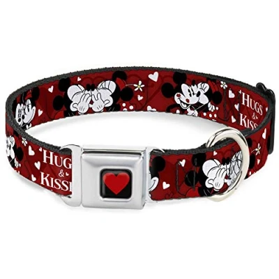 Image of Buckle Down Seatbelt Dog Collar Mickey &amp; Minnie HUGS KISSES Poses Reds/White 1&quot; Wide Fits 15 26&quot; Neck Large