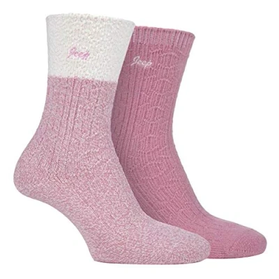Image of Jeep 2 Pairs Ladies Supersoft Cute Warm Ribbed Thick Hiking Boot Socks (4 8, Cream/Rose)