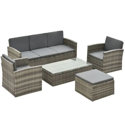 Image of Outsunny Rattan Garden Furniture Outdoor Patio 5 Piece Wicker Weave Sofa Set with Storage, Cushioned, 3 Seater + 2 Single Chairs Foot Stool Coffee Table