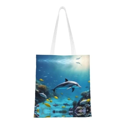 Image of Trukd Purple Butterfly Versatile Canvas Tote Bag â“ Reusable Shopping With Large Capacity And Stylish Design, Ocean Underwater Dolphin Fish, One Size