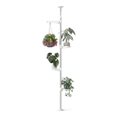 Image of Hershii 4 Tier Indoor Plant Stand Tension Pole Corner Standing Shelf Adjustable Flower Pots Holder Display Rack for Windowsill, Bathroom Vanity Ivory