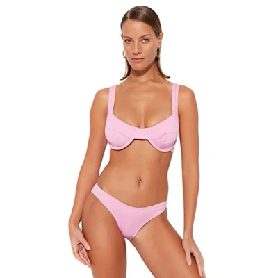 Image of Trendyol Women&#039;s Woman Underwire Balcony Knit Bikini Top Swimwear, Pink, 10