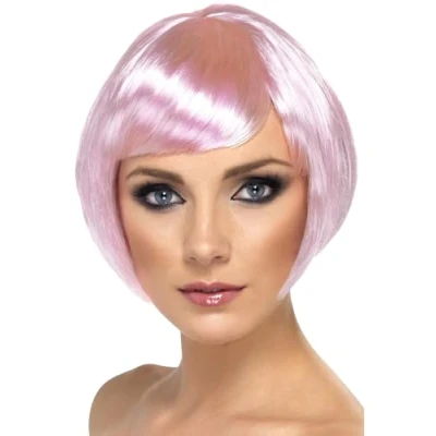 Image of Smiffys Babe Wig, Pink Short Bob with Fringe, Ladies Glamour Wigs Fancy Dress, Adult Dress Up