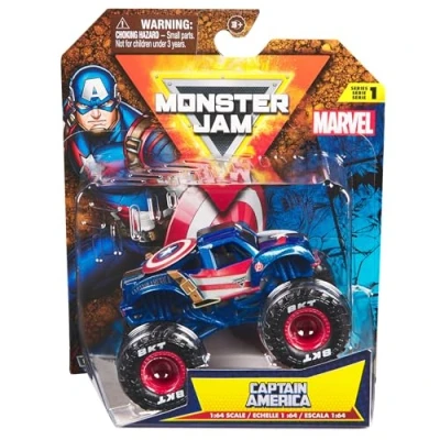 Image of Monster Jam 2024 Marvel 1:64 Scale Diecast Series 1 Truck with Flag: Captain America