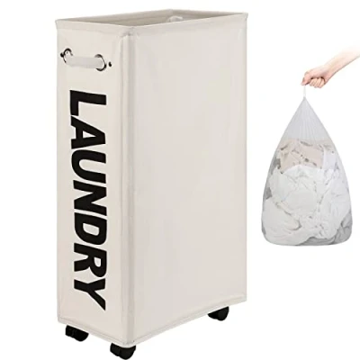 Image of DOKEHOM 29 Inches Enlarged Slim Laundry Basket with Removable Wash Bag on Wheels, Collapsible Rolling Hamper, Foldable Narrow Corner Clothes Storage Bins (Beige)
