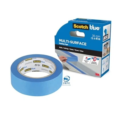 Image of ScotchBlue Multi Surface Premium Masking Tape, 36 mm x 41 m, 1 Roll/Pack Scotch Adhesive Blue Painters For Painting and Decorating, Indoor &amp; Outdoor, Sticks Well, 70% PEFC