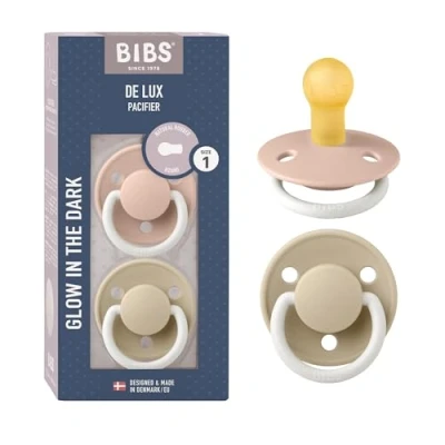 Image of BIBS De Lux Soother 2 Pack, BPA Free Dummy Pacifier, Round Nipple. Natural Rubber Latex, Size 1 (0 6 Months), Blush Night/Vanilla Night