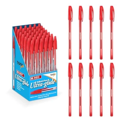 Image of Lotus Pack of 10 Coloured Ink Medium Point Nib Ultra Glide Smooth Precision Ballpoint Pens (Red, Pack)