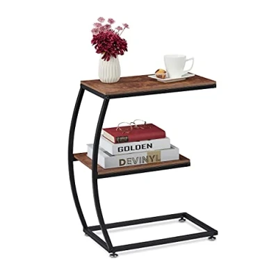 Image of Relaxdays Side Table, C shape, Two Shelves, H x W D: approx. 58.5 47.5 25 cm, MDF &amp; Metal, Brown