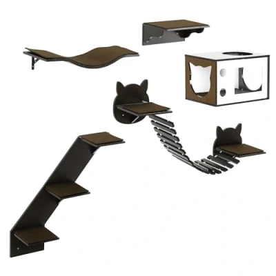 Image of PawHut 5 Piece Cat Wall Shelves, Mounted Tree for Indoor Use, with Curved Platform, House, Bridge, Stairs, Perch Brown