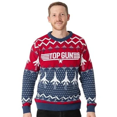 Image of Top Gun Adults Christmas Jumper Mens Ladies Fighter Jet Plane Movie Logo Festive Navy Red Knitted Sweater Xmas Gifts for Him Her XL