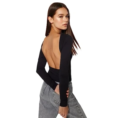 Image of Trendyol Women&#039;s Straight Long Sleeve Slim Blouse, Black, Large
