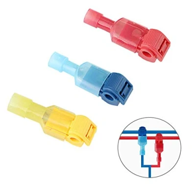 Image of Aiqeer 100 Pcs (50 Pairs) T Tap Self Stripping Electrical Connectors Set, Quick Splice Wire Terminal Block, and Fully Insulated Male Spade Connector (Red, Blue, Yellow)