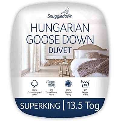 Image of Snuggledown Hungarian Goose Down Super King Duvet 13.5 Tog Warm Winter Premium Quilt Ideal for Cold &amp; Chilly Nights Jacquard Cotton Cover, Hypoallergenic, Machine Washable, Size (260cm x 220cm)