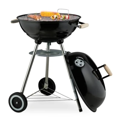 Image of Relaxdays Kettle BBQ, Ø 44 cm Grill, Outdoor Charcoal Barbecue with Wheels, Freestanding, Ash Catcher, Smoker, Black, Stainless Steel, Plastic