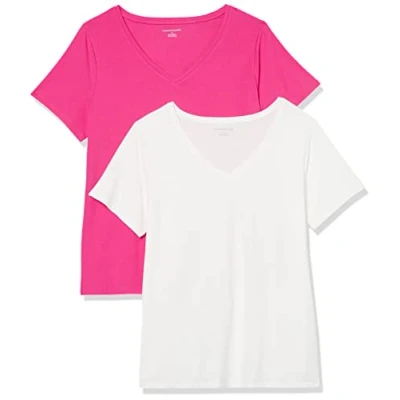 Image of Amazon Essentials Women&#039;s Plus Size Short Sleeve V Neck T Shirt, Pack of 2, White/Dark Pink, 3XL