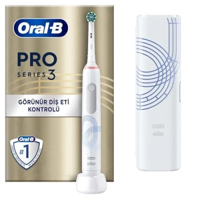 Image of Oral B Pro Series 3 Electric Toothbrush, 1 Replacement Brush, Cleaning Modes and Visual 360 Pressure Control for Dental Care, Travel Case, Special Edition, Designed by Braun, White