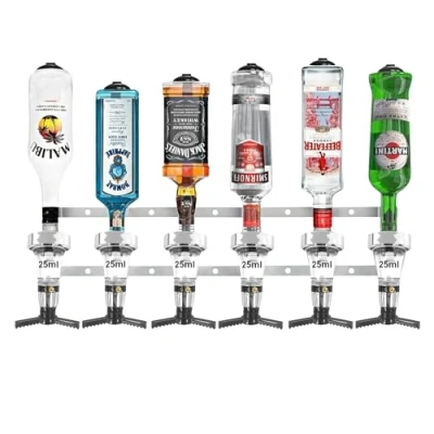 Image of 6 Bottle Alcohol Spirit Measure Drink Dispenser Bar Set Wall Mount Bracket plus x Traditional Optic Hard Plastic (Chrome, 25ml)