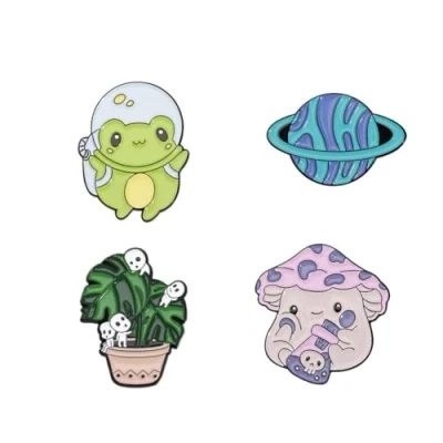 Image of Mushroom Planet Plant Frog Enamel Pin Set Funny Guitar Player Brooch Cute Animal Badges Cartoon Lapel