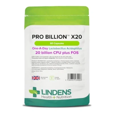 Image of Lindens Pro Billion X20, 60 Capsules 20 CFU Plus FOS 1 a Day, UK Made High Potency Lactobacillus Acidophilus, Healthy Digestion Letterbox Friendly, Vegan