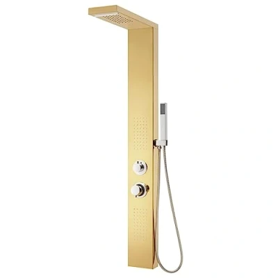 Image of vidaXL Comfort Shower Panel System Stainless Steel 201 Gold 4 Functions: Rainfall, Waterfall, Massage Jets, Handheld Showerhead, 150 Jet Silicone Nozzles, Chrome Plated Elements