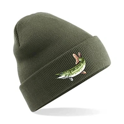 Image of HiViz Kings Pike Fishing Beanie Hat Embroidered Logo Pristine Finish Beenie (Olive)