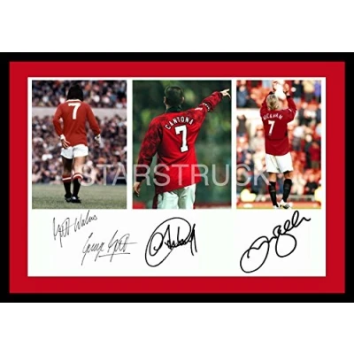 Image of Manchester United FC legends George Best David Beckham Eric Cantona Signed (Pre Printed) Exclusive A4 Print