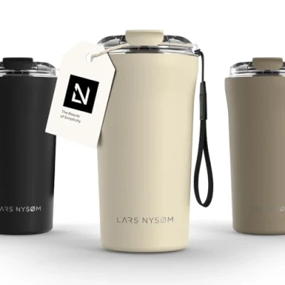 Image of LARS NYSØM Thermo Coffee Mug to Go with Strap 17oz Travel 0.5 Liter Insulation Leak Proof Stainless Steel Thermal for and Tea (Almond Beige, 500ml)