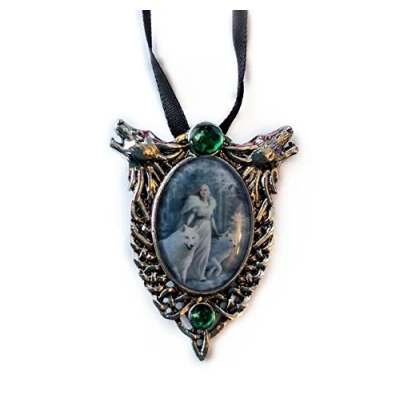 Image of Winter Guardians Wolf Cameo Oval Cabochon Style Pendant Necklace in Two Howling Wolves and Celtic Knotwork with Manmade Crystals, Ribboned Artwork by Anne Stokes