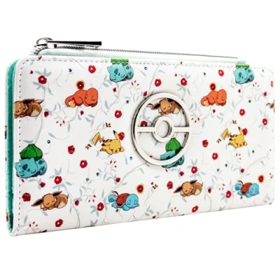 Image of Eevee Sleeping Starter Characters in Flowers White Coin and Card Clutch Purse, One Size