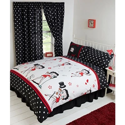 Image of Super King Size Bed Betty Boop Star, Duvet/Quilt Cover Bedding Set Fully Reversible, Singing and Dancing Music Notes Hearts Wink Lips Kiss Pudgy Dog Lines Polka Dot, Black White Red