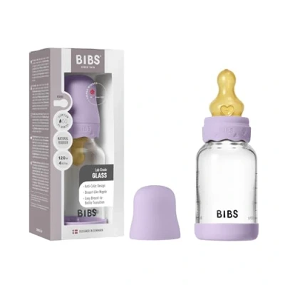 Image of BIBS Boheme Baby Glass Bottle 4 oz /120 ml. Anti Colic. Round Natural Rubber Latex Nipple. Supports Breastfeeding Violet Sky