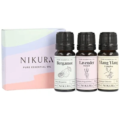 Image of Nikura Favourites Essential Oils Set 3 x 10ml for Diffusers Home, Sleep, Relaxing, Hair, Aromatherapy Bergamot, Lavender &amp; Ylang Gift 100% Pure and Natural