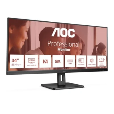 Image of AOC U34E2M 34&quot; QHD Monitor, 100Hz, VA, 4ms, Low blue Light, Adaptive Sync, Flicker Free, Vesa mountable, Tilt (3440 x 1440 @ 300 d/m², HDMI 2.0 / DP 1.2 ), Black